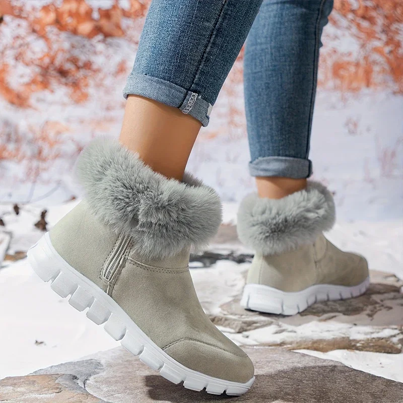 Fur Women Snow Boots ankle Flats Sport Shoes Warm Sneakers Suede Winter New 2024 Walking Casual Short Plush Cotton Shoes Mujer