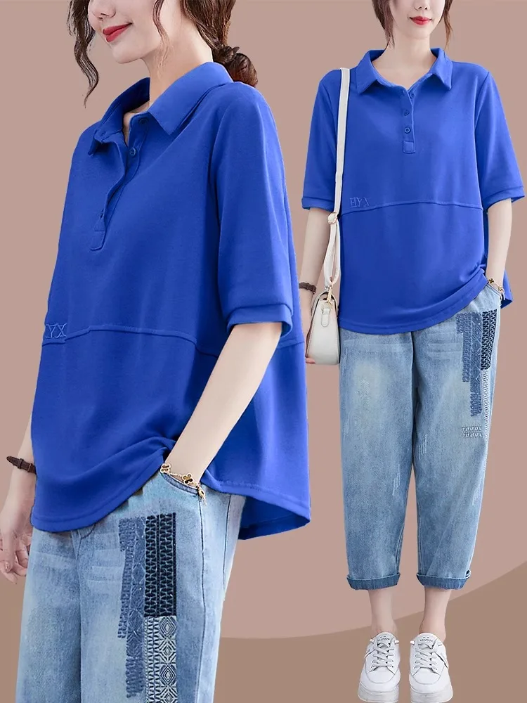 ゆったりとした純綿の女性用トップス、折り返し襟、新作、スリムでファッショナブル、通気性があり、吸汗性...