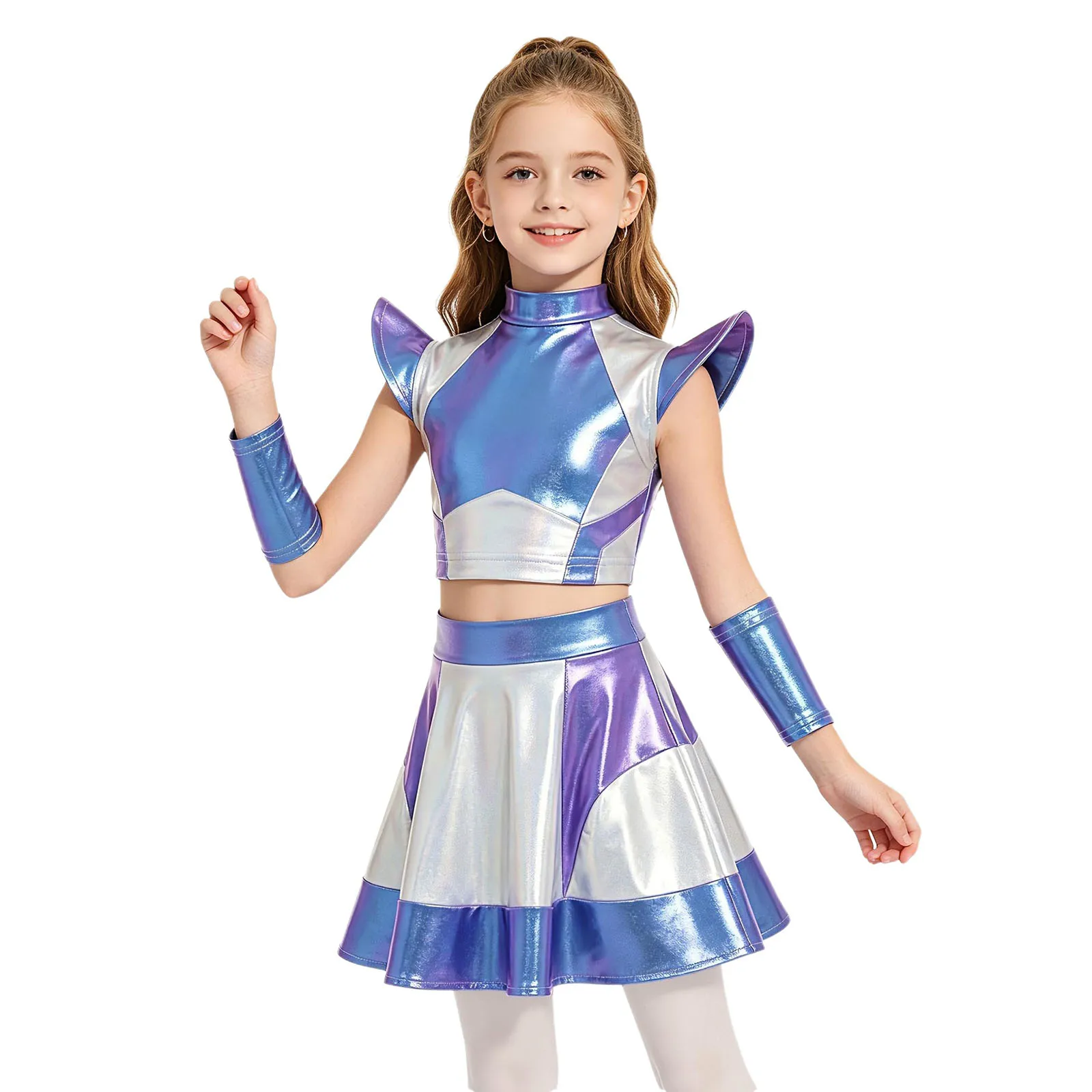 

Girls Alien Cosplay Costume 3Pcs Metallic Holographic Color Block Top Skirt Arm Sleeves Kids Halloween Outer Space Party Dress