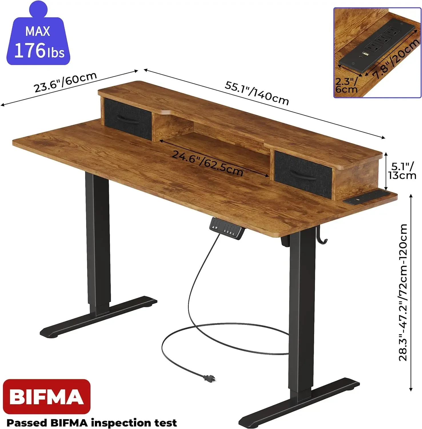 Joiscope 55 Inch Electric Standing Adjustable Height Desk With Usb & Type-C Outlet, Home Office Computer Gaming Desk With