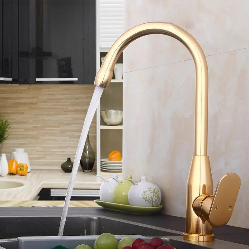 Kitchen Faucet Space Aluminum Gold Single Handle New and Cold Water Vessel Sink Basin Mixer Tap 360 Degree Rotation Water Faucet