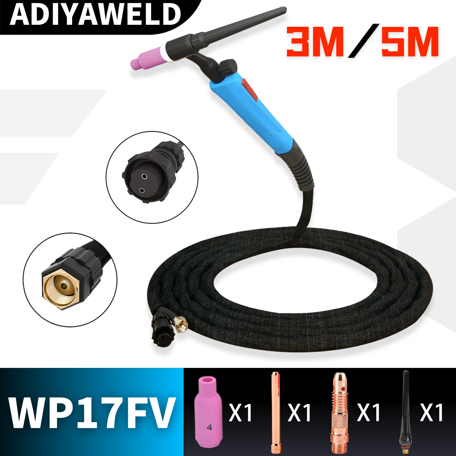 ADIYAWELD TIG Welding Torch WP17FV Argon Air Cooled Tungsten Arc Welding Torch 3M/5M/7M WP17 Flexible Head Gas Valve