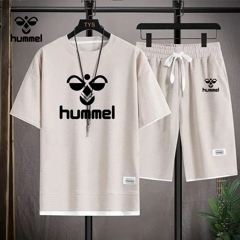 2024 New Summer Luxury Brand HUMMEL Short Sleeve Luxury Sportswear Men\'s Fitness Fashion Casual T-shirt + Shorts 2 Sets