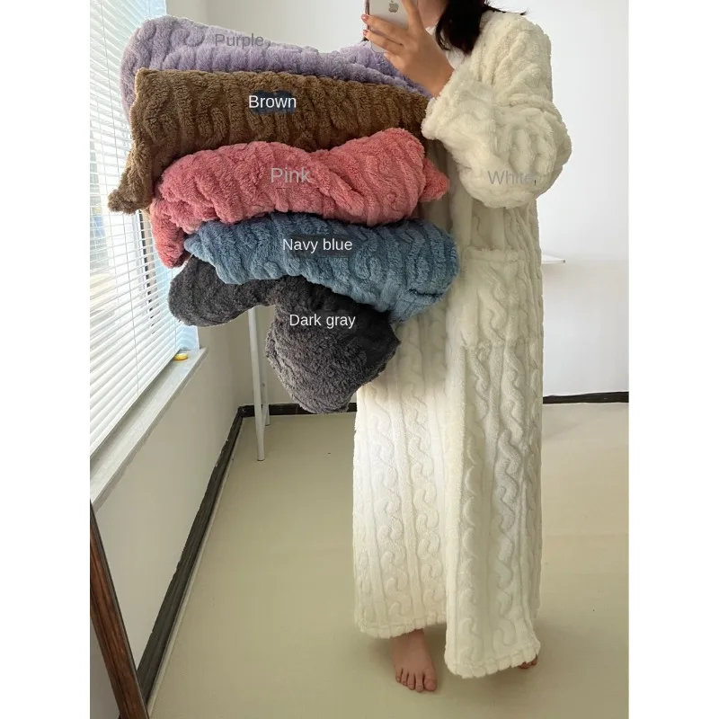 Bathrobe Woman Shower Autumn and Winter Thickened Coral Velvet Jacquard Sleeping Gown Long Section Solid Colour Warm Bath Robe