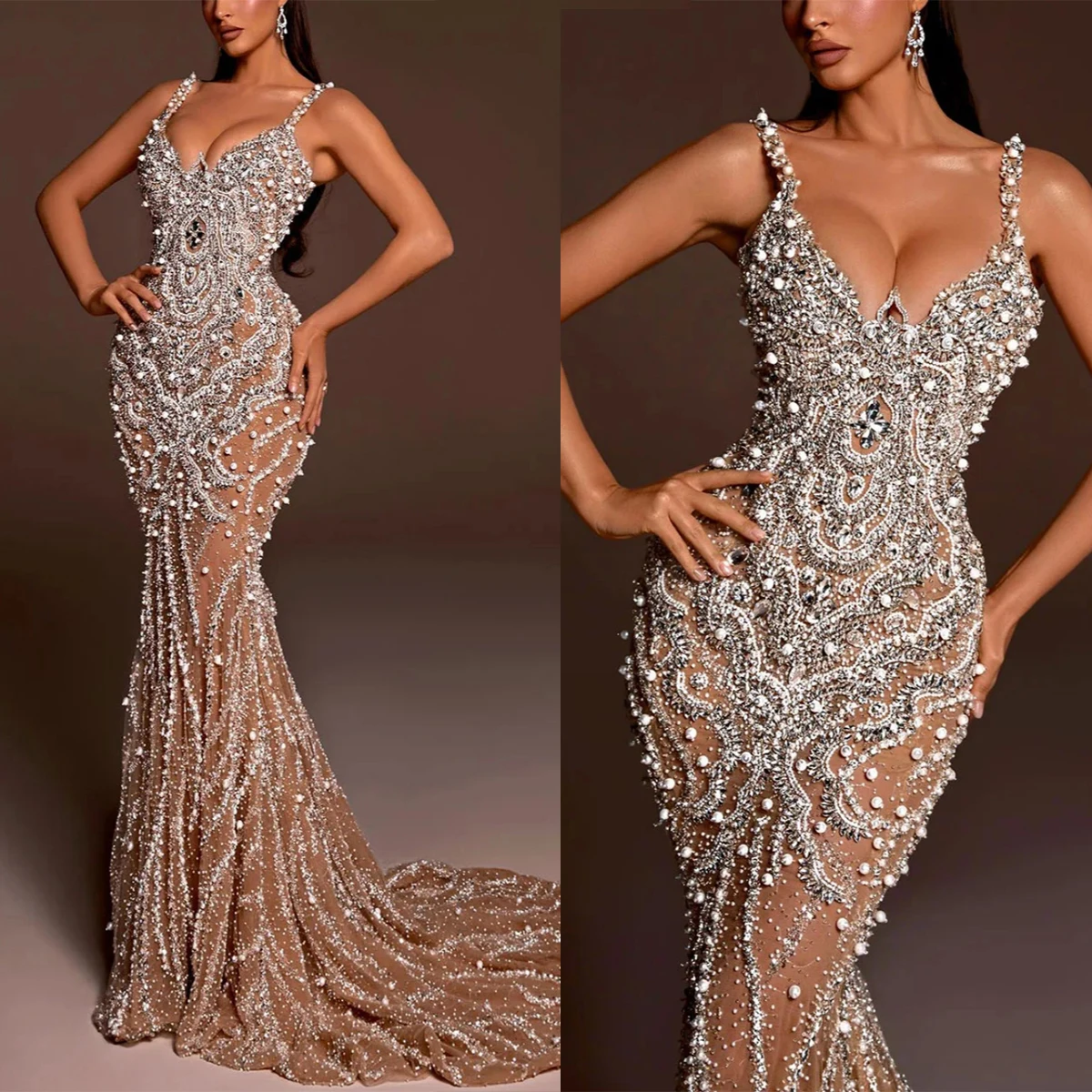 

Graceful Evening Dresses Mermaid Crystals Pearls Sleeveless Prom Dresses Backless فساتين سهرة Custom Made Party Gown