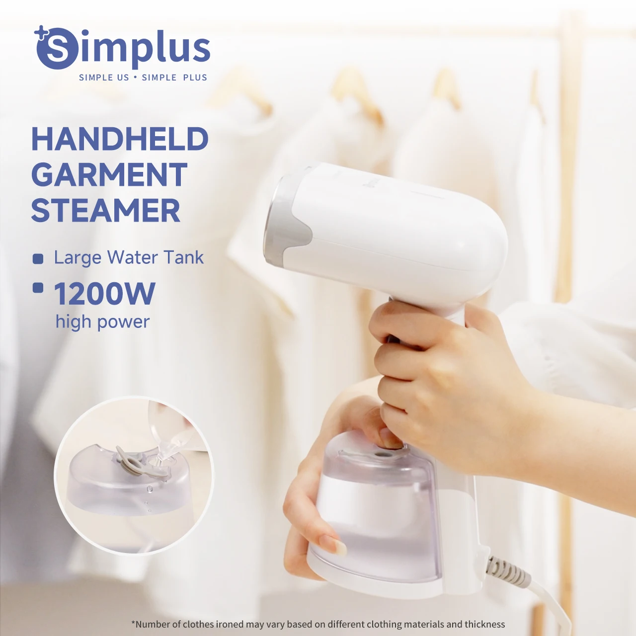 Simplus Vaporizador de ropa portátil (110-130 V), tanque de agua visible, sistema de protección contra quemaduras antideslizante/plano de hierro 2 en 1