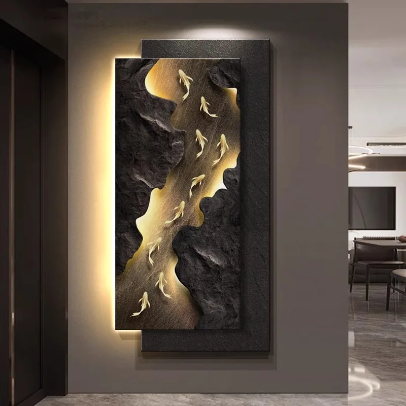 Decoration Painting With Koi Fish Hanging At The End Of The Led Light Entrance Corridor Remote Control Available Wall Lamps