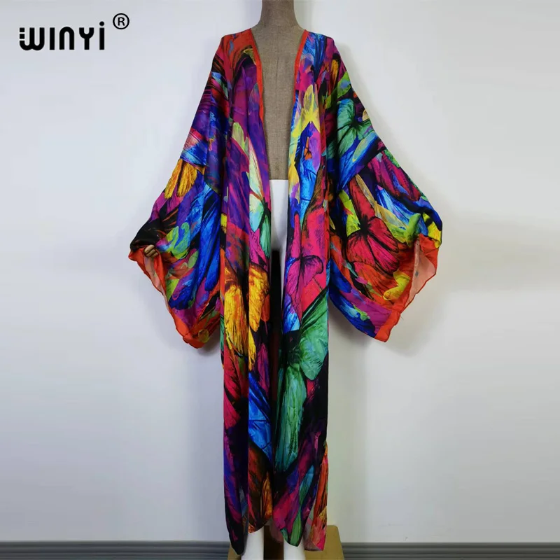 2022 new WINYI Summer Butterfly printing Beach Wear Swim Suit elegant Africa women boho Cardigan sexy Holiday long Sleeve Kimono