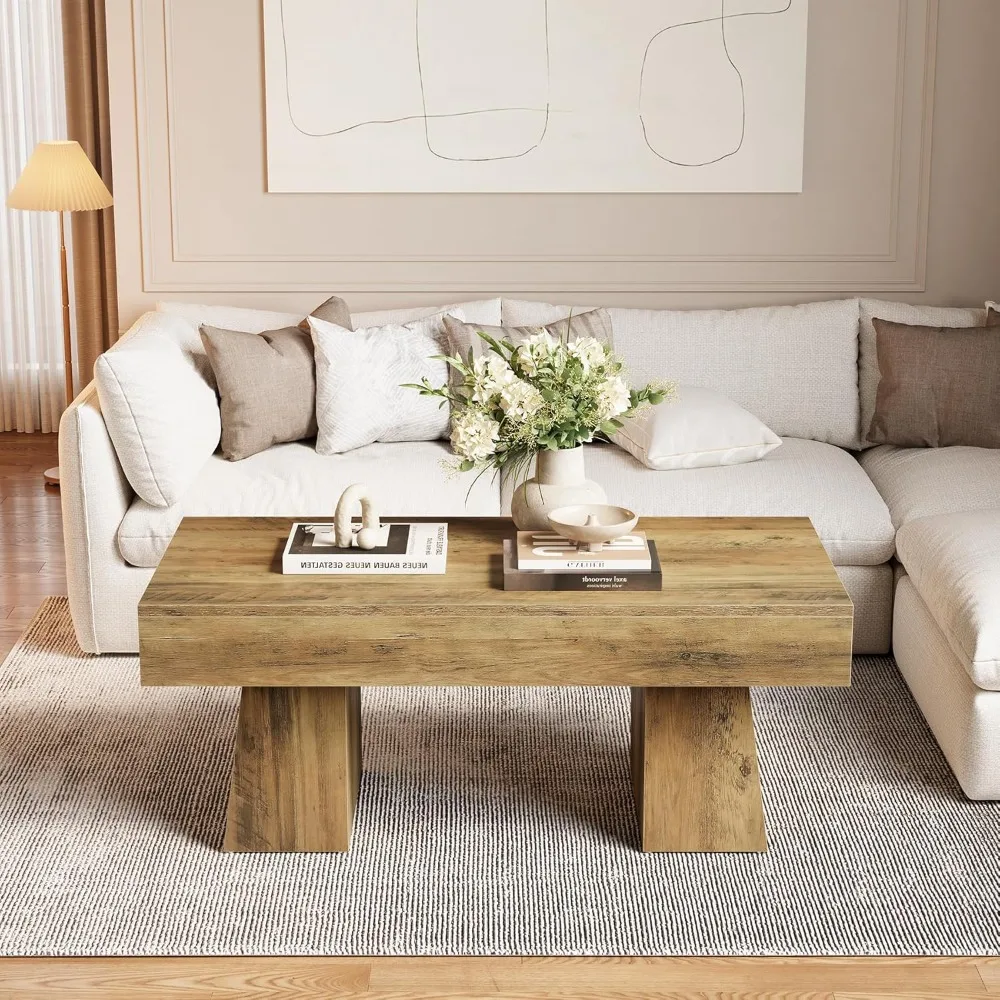 TREE Farmhouse Coffee Table, 47 Inches Wooden Rectangular Accent Center Tables with Thick Base, Modern Low Cocktail Tea F