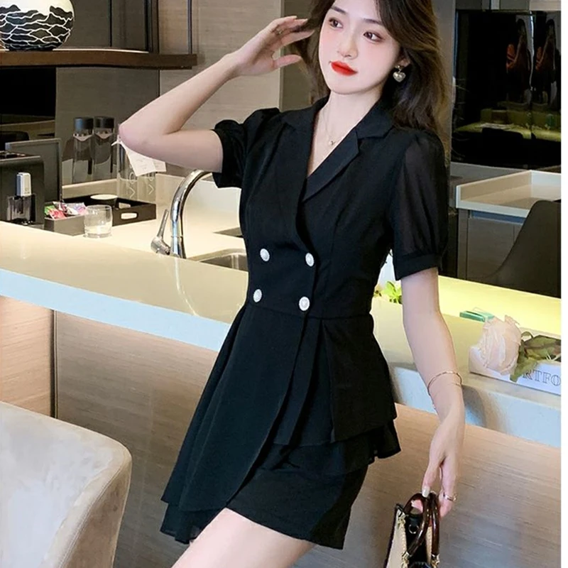 

Office Lady Matching Sets Korean Women Summer Graceful Blazers Dress Shorts 2 Piece Set 2023 New Work Slim Black Clothing Outift