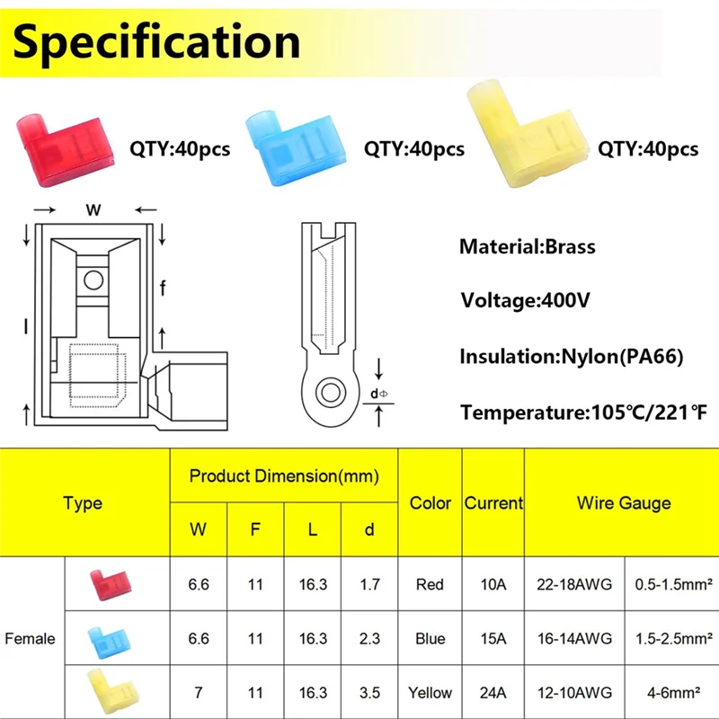 

-A20Z 120PCS Quick Disconnect Flag Connector Nylon Right Angle Spade Connectors For 22-18/16-14/12-10AWG Gauge Wiring