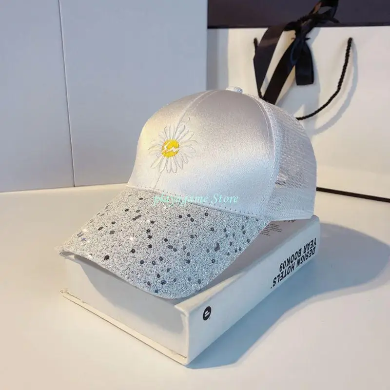 

Y88A Женская бейсбольная кепка с сетчатым козырьком и блестками на спине, вышивка в виде ромашки для