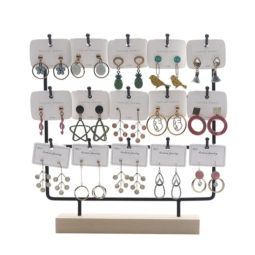 3 Tier Earring Display Rack 15 Hooks Necklace Bracelet Earring Holder Stand Iron Wood Space Saving Jewelry Holder Organizer