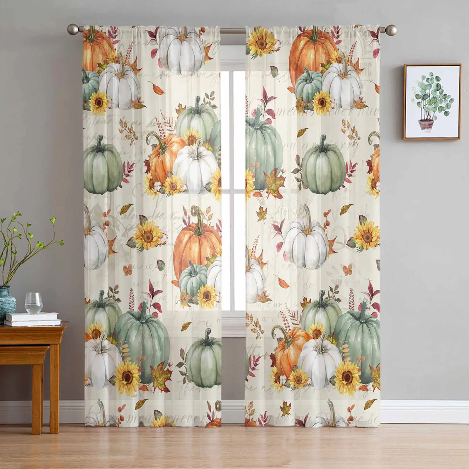 Thanksgiving Autumn Leaves Sunflower Pumpkin Curtains For Living Room Bedroom Kitchen Decoration Window Tulle Curtain