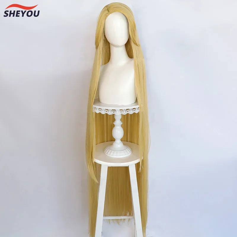 dd12Movie Rapunzel Tangled Princess Long Straight Golden Heat Resistant Synthetic Hair Anime Cosplay Wigs + Wig Cap