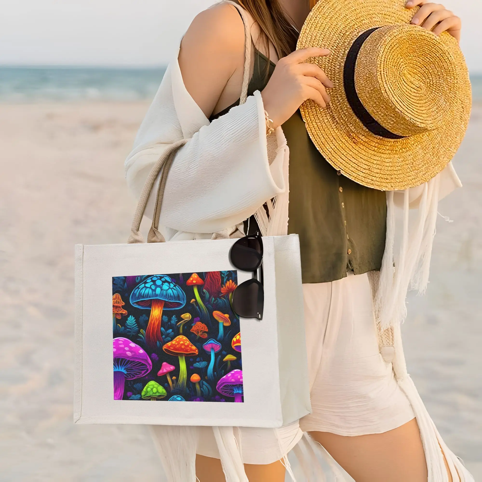 

Сумка-шоппер с принтом психоделических волшебных грибов, холщовая сумка-тоут, многоразовая, для женщин, на плечо, дорожная сумка