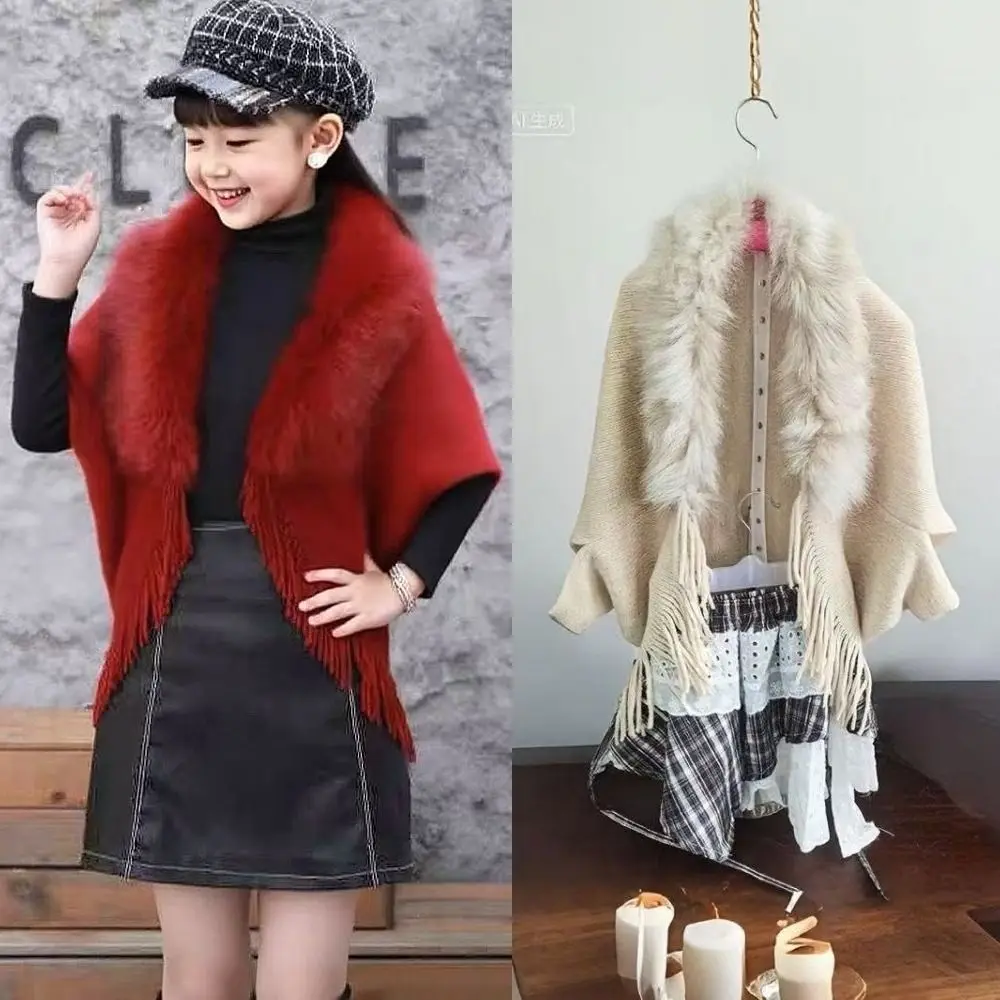 

Fashion Faux Fur Collar ' Mongolian Poncho Winter Warm Ethnic Style Knitting Wraps Knitted Cape For Children