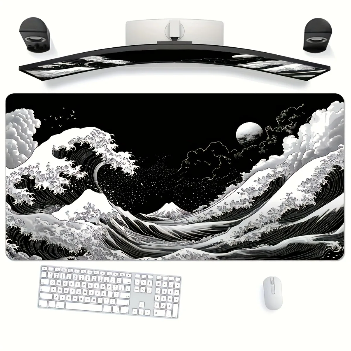 Comfortable Japanese Black Wave Mouse Pad Rubber Base Non-Slip Smooth Surface Durable For Computer Tablet Gaming Office Use