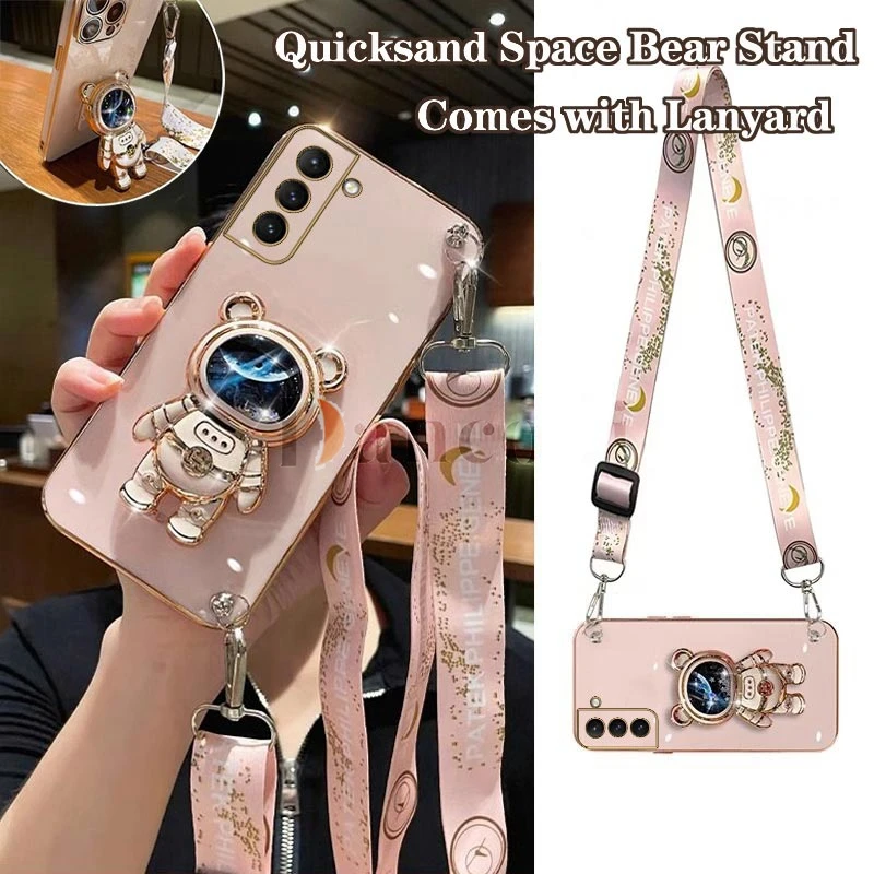 Quicksand Astronaut Lanyard Plating Phone Holder Case For Samsung Galaxy S21 S21FE S21 Plus S21 Ultra S23 S23 Plus S22 S20 Cover