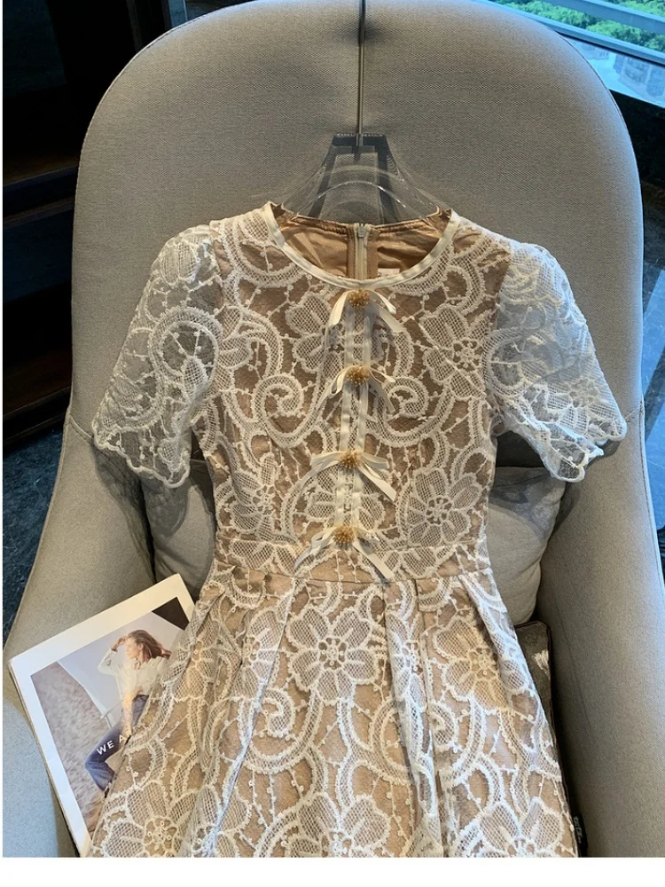 SMTHMA French High-End Super Beautiful Lace Long Dress Women\'s 2024 New Summer Light Luxury Vintage Elegant Runway Dresses