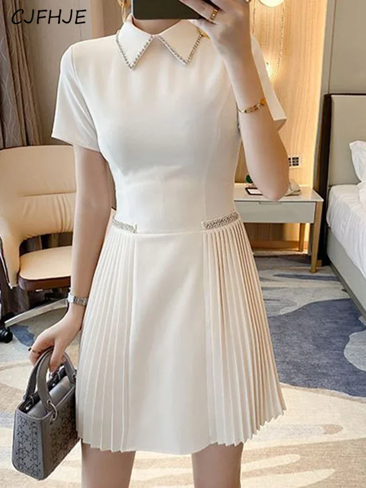 

CJFHJE Summer Vintage Chiffon Dress Diamonds Lapel Pleated Elegant Dresses Women Short Sleeve Mini Dress Women Party Dress New