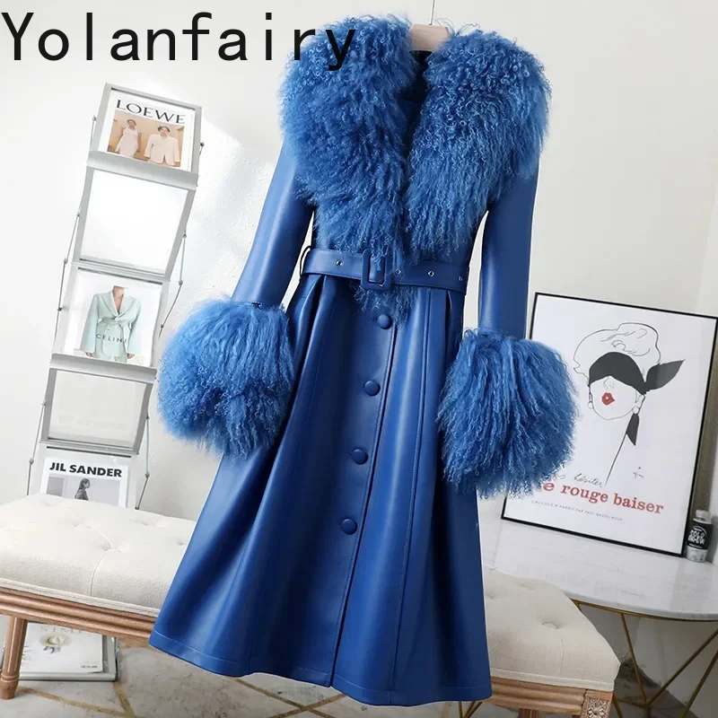 Luxury Real Sheepskin Jacket Women 100% Genuine Leather Jackets Woman Blue Leather Coat Female Long Coats Wool Fur Collar SGG