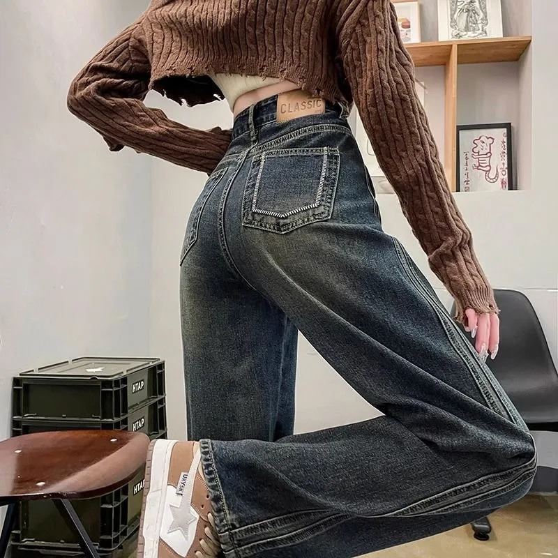 Nieuwe dames retro dikkere fluwelen wijde pijpen jeans herfst winter hoge taille rechte broek vrouwelijke casual denim broek