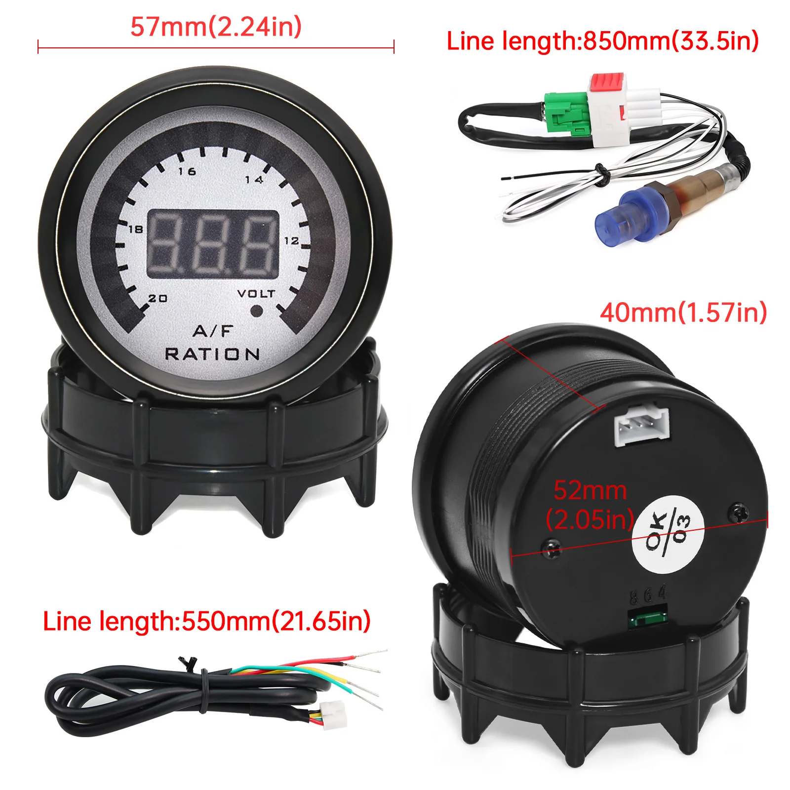 20LED Digital Auto AFR Car Instrument Racing Monitor Air Fuel Ratio Gauge Voltmeter 2in1 Meter O2 Oxygen Sensor Narrowband