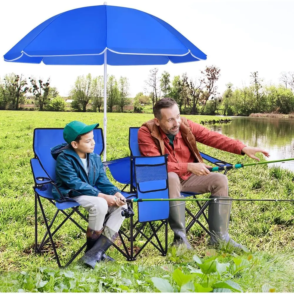 Portable Folding Picnic Chairs with Detachable Umbrella, Cooler and Cup Holders, Ideal for Beach and Camping, Blue view 2