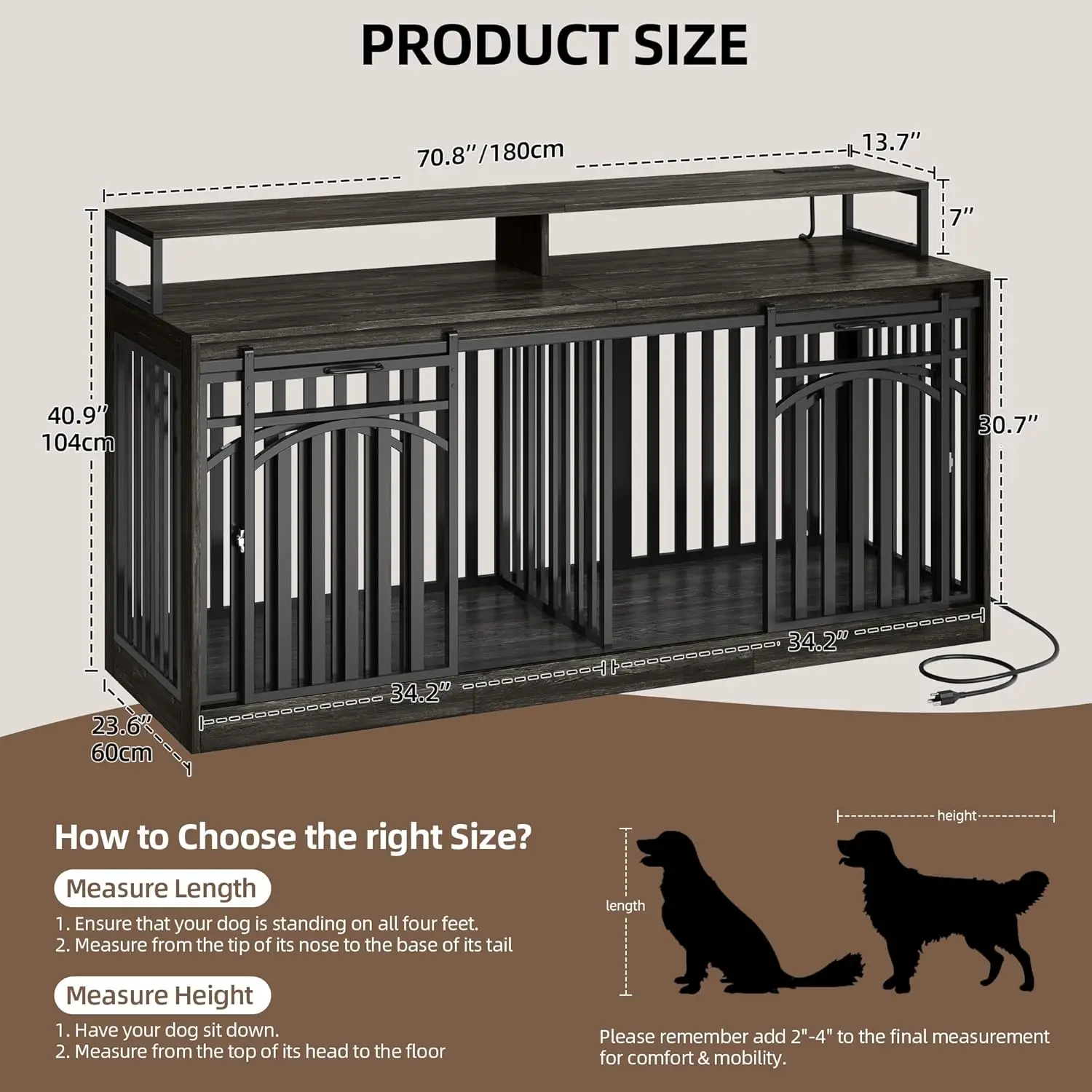 أثاث مزدوج للكلاب مقاس 71 بوصة مزود بإضاءة LED ومنافذ طاقة، وحامل تلفزيون عالي التحمل لبيت الكلاب المزدوج مع أرفف تخزين منزلقة