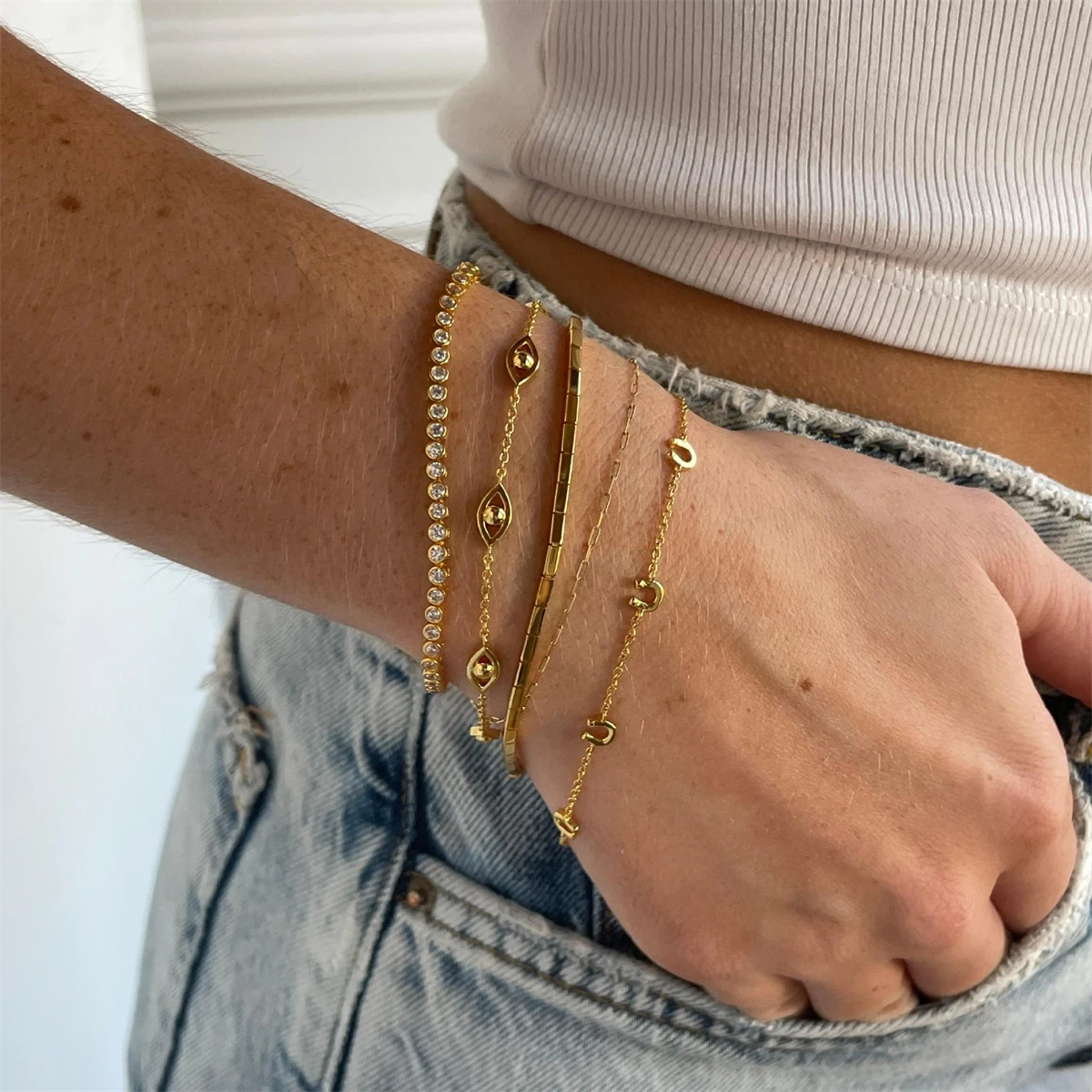 

Stainless Steel Bracelet Love Devil's Eye Cross Clover Bracelet Gold Plated Color Preserved Women's Gift