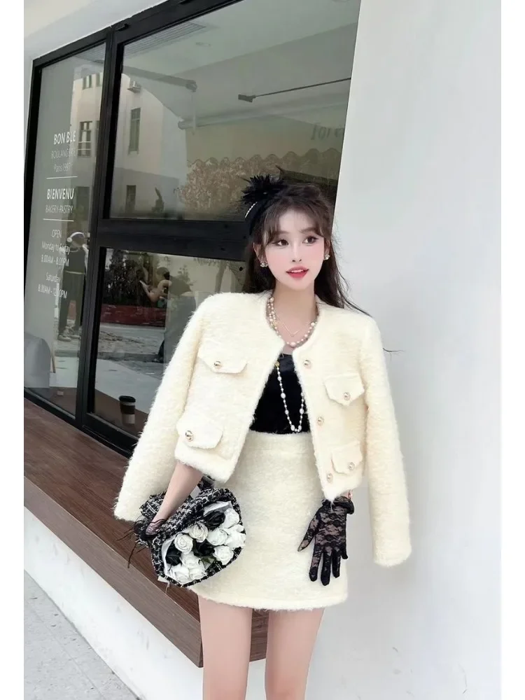 

UNXX Autumn Winter New Ladies O-Neck Long Sleeve Single Breasted Jackets + A-Line Sweet Skirt Women Cream Sequin Two Piece Sets