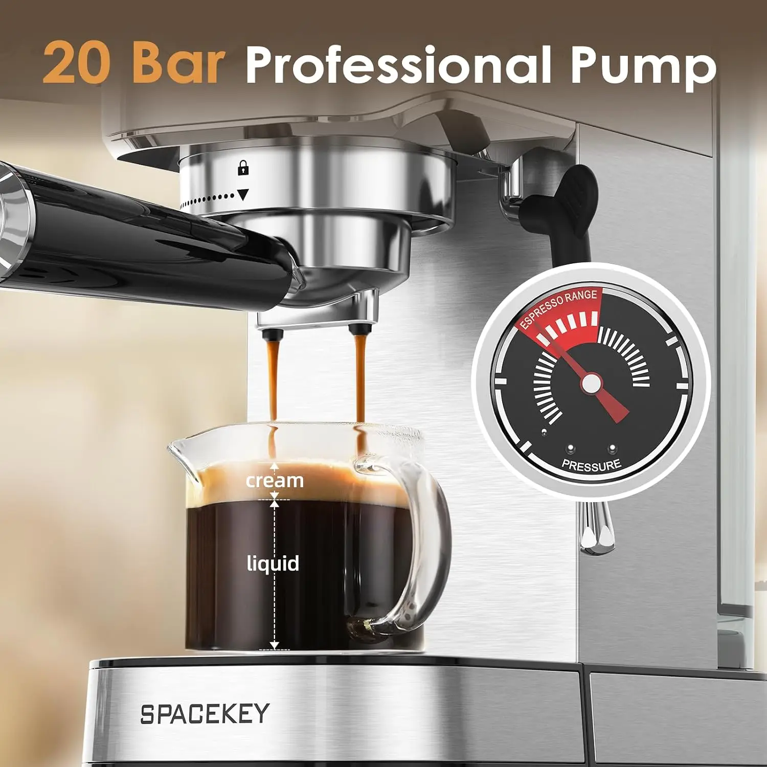 ^For Espresso Machine with Milk Frother, 20 Bar Compact Expresso Coffee Machines for Home, Stainless Steel Espresso Maker with 3