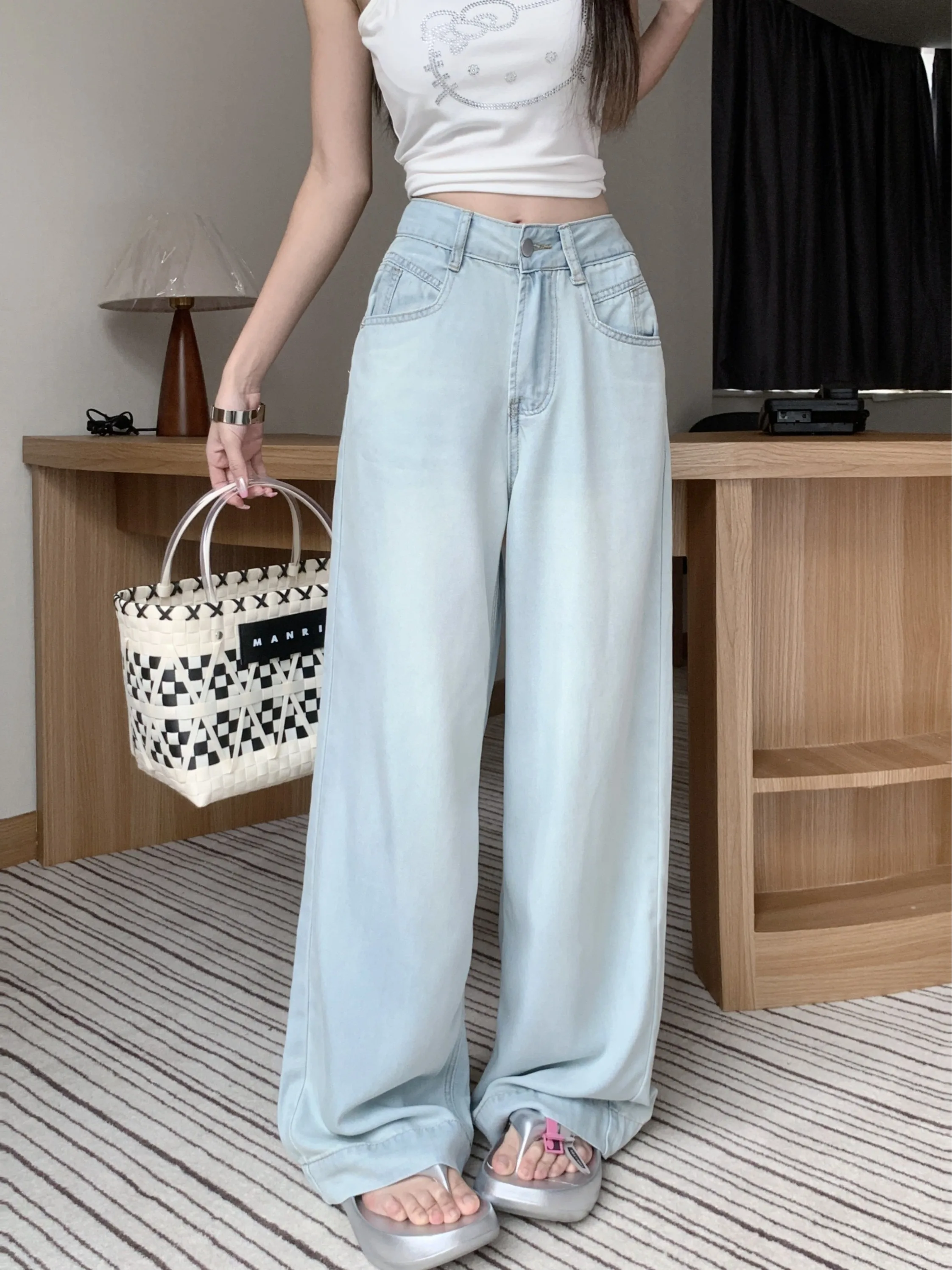 

Женские джинсы с высокой талией, прямые, удлиненные, весна 2026, свободные, стройнящие, синие, винтажные, из денима, с карманами