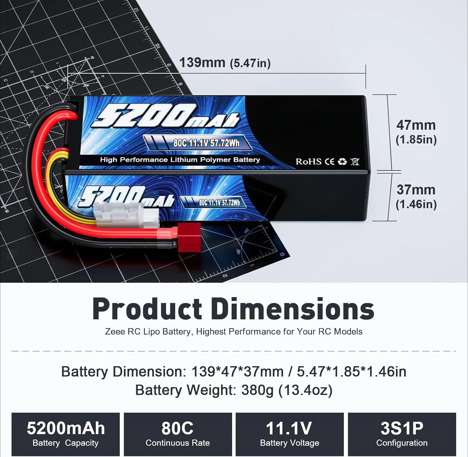

3S 5200mAh Lipo Battery 11.1V 80C Hardcase Battery with T Connector for RC Car Boat Truck Helicopter Airplane Racing Models