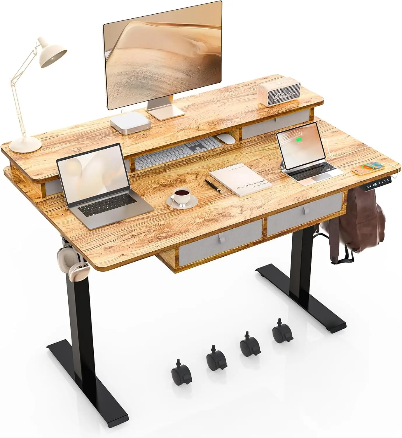 48x30/63x30In Electric Standing Widened Desk Adjustable Height with 4 Drawers, Double Storage Shelves Stand Up Desk, Home Offic