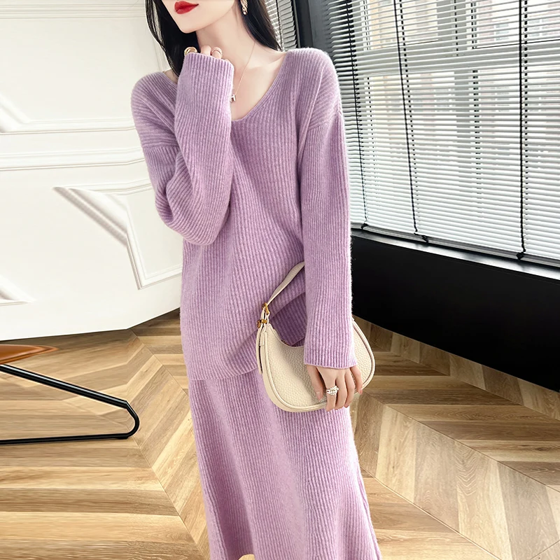 2024 Autumn/Winter Wool Suit Hot Sale Women Pure Wool Sweaters And Pants 100% Wool Knitted Loose  Leisure Warm Wool Set