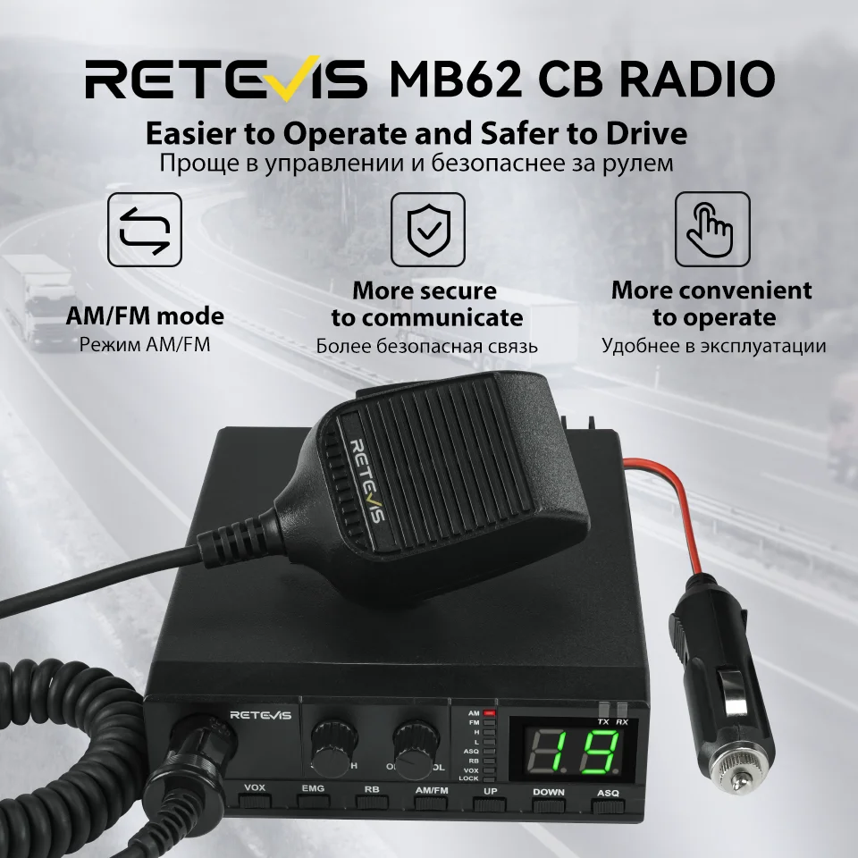 Retevis MB62 Mobile Car CB Radio Communicator AM/FM 27MHz Handheld CB Radio Instant Channel 9/19 Long Range Radios for Truckers