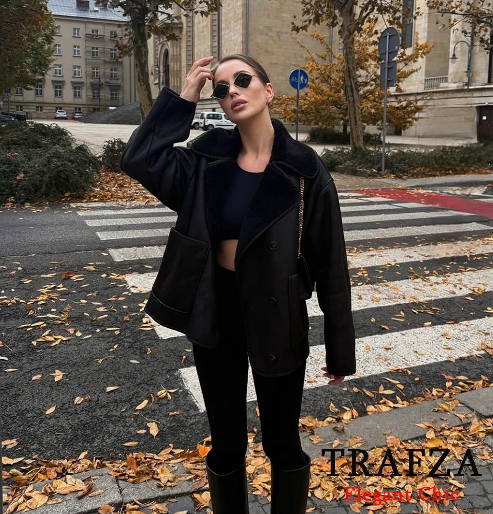 TRAFZA Vintage Women\'s Fall Winter Fleece Lapel Pockets Buttons Jacket Coat New 2024 Fashion Casual Retro Loose Coat