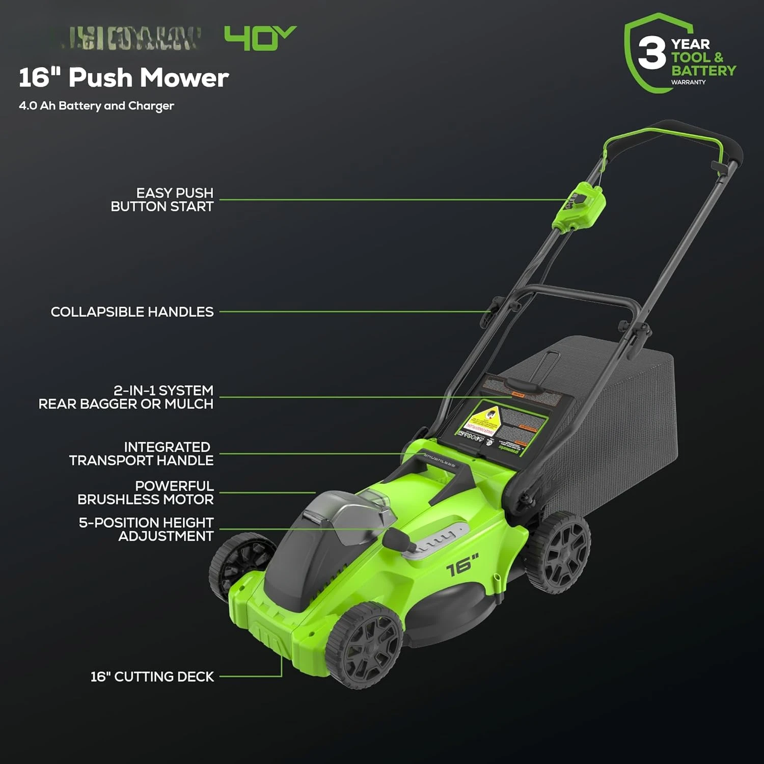 

40V 16" Brushless Cordless (Push) Lawn Mower + Blower (350 CFM), 4.0Ah Battery and Charger Included (75+ Compatible Tools)