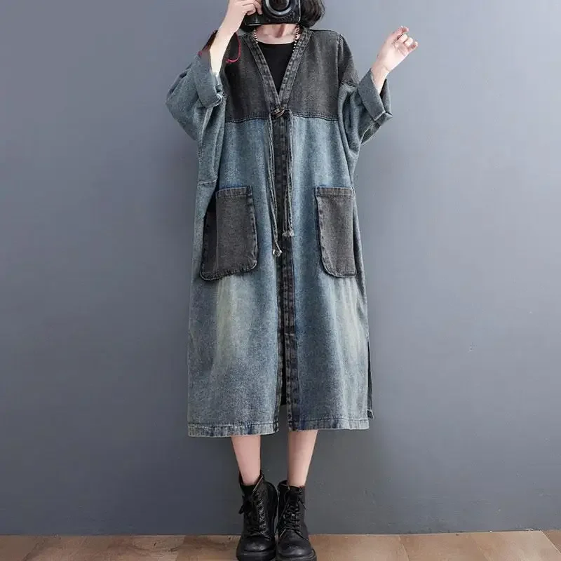 Dimanaf 2024 New Women Jacket Denim Coat Cotton Loose Outwear Autumn Winter Blue Long Vintage Cardigan