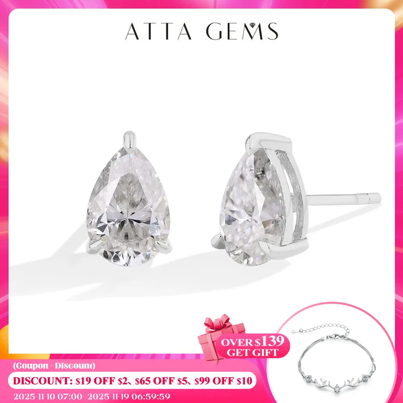 

ATTAGEMS D VVS1 Color Pear Cut 1CT 1.5CT Moissanite Stud Earrings for Women 100% S925 Sterling Silver Engagement Wedding Jewelry