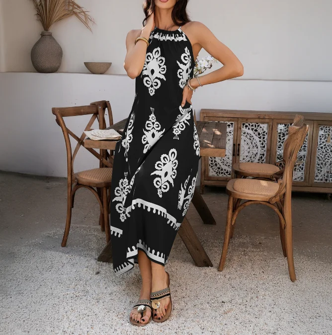 Women Dresses Fashion Boho Sleeveless Backless Cross Border Leisure Bohemian Vacation Contrasting Color Hanging Neck Dress