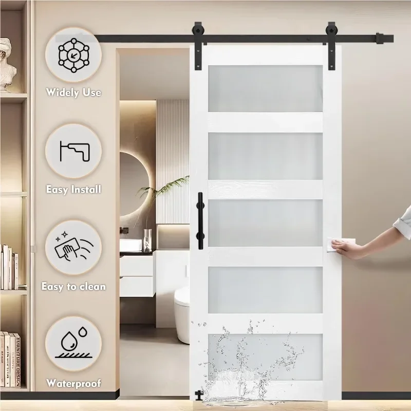 36 بوصة × 84 بوصة باب الحظيرة MDF الزجاجي المنزلق مع مجموعة أدوات الأبواب المنزلقة بطول 6.6 قدم، 5 زجاج بلوري مقسى