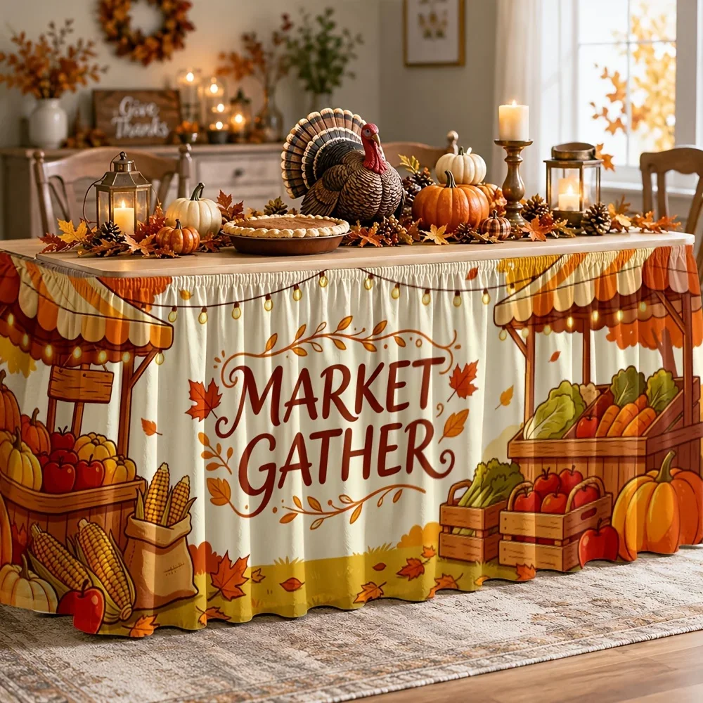One table skirt. Market party print table skirt. Polyester autumn harvest farm site. Rural fashion seasonal decoration.