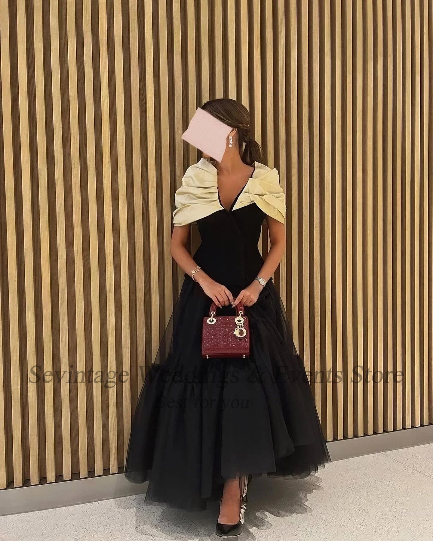 Customized Black Tulle Saudi Arabia Prom Dresses Formal Off Shoulder Women Evening Party Gowns Ankle Length Midi Celebrity Gown