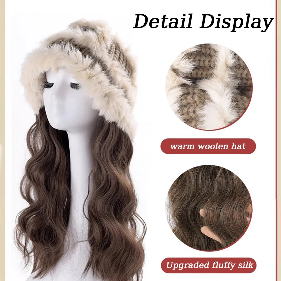Synthetic Brown Black Wig with Hat Warm Winter Hats 16inch Cute and Fluffy Natural for Women Wigs Daily Winter Use High Quality