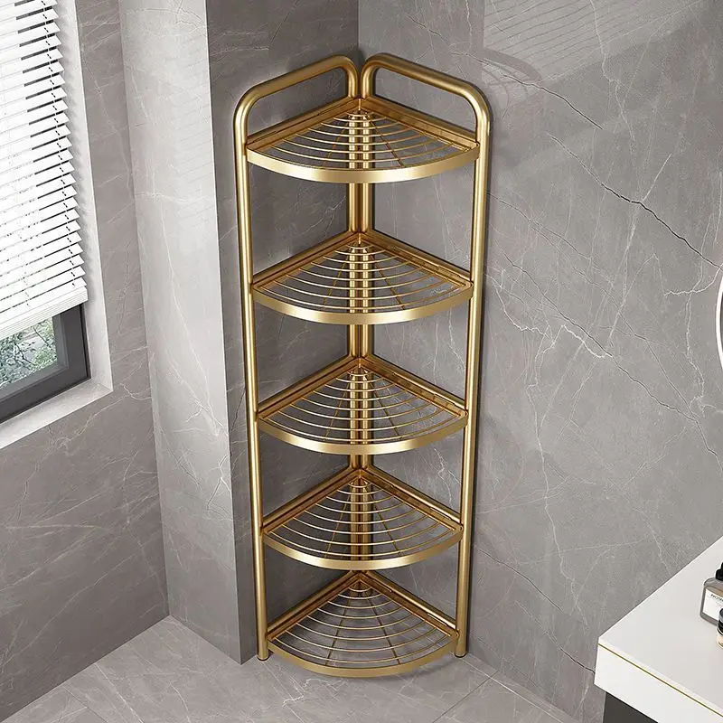 5-Tier Gold Corner Storage Shelf, Freestanding Metal Bathroom Shower Caddy Rack, Waterproof Rustproof Floor Standing Organizer