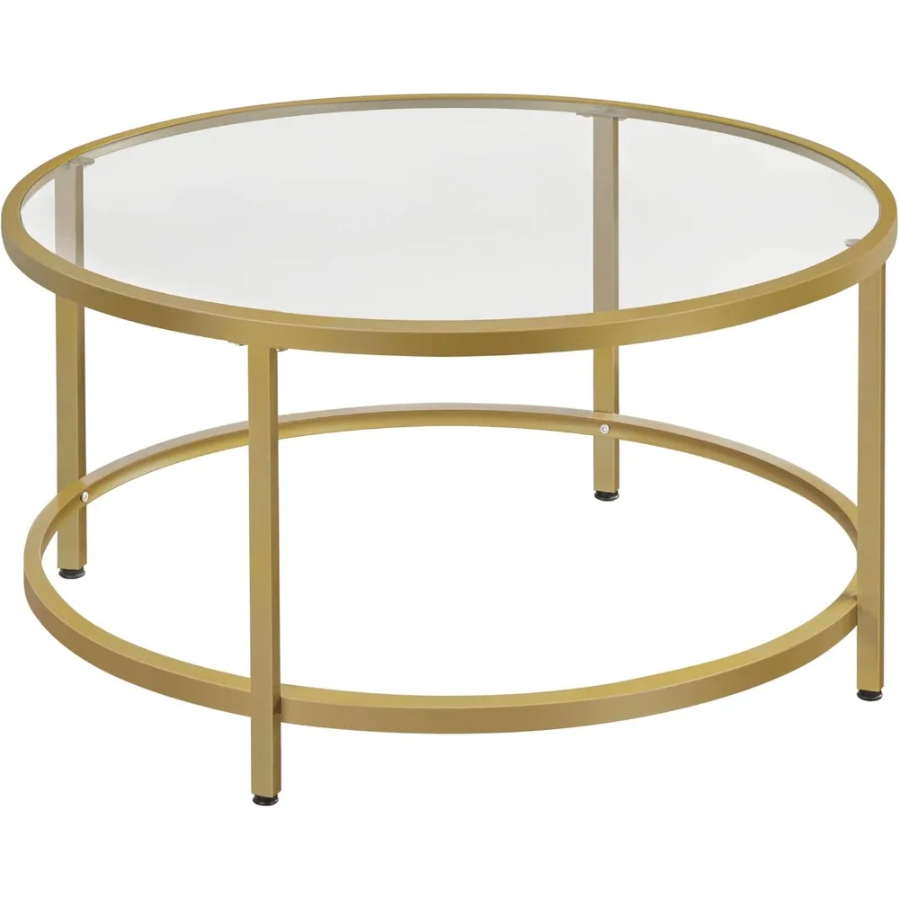 

Gold Glass Coffee Table for Living Room, 36" Round Glass Coffee Table with Metal Frame, Circle Coffee Table for Home, Office, A