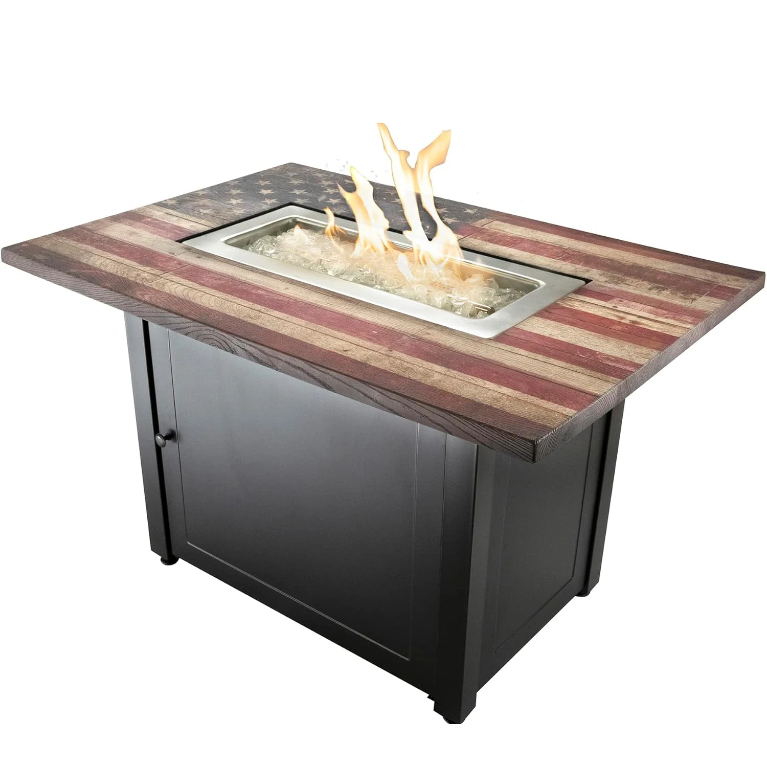 The Americana 40 x 28 Inch Rectangular 40,000 BTU Patio Outdoor LP Gas Fire Pit w/ White Fire Glass, American Flag Mantel